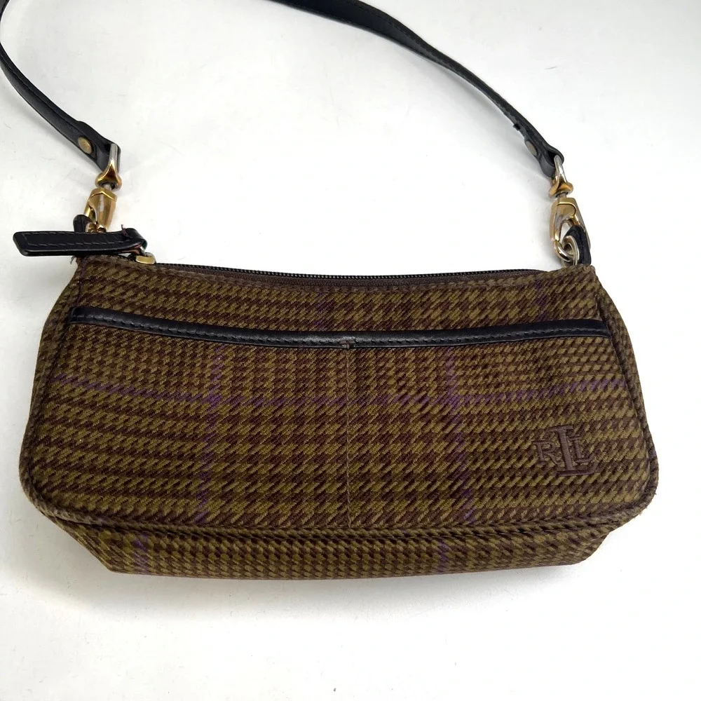 Ralph Lauren Mini Baguette Handbag Houndstooth Preppy 90s Brown Purple Shoulder